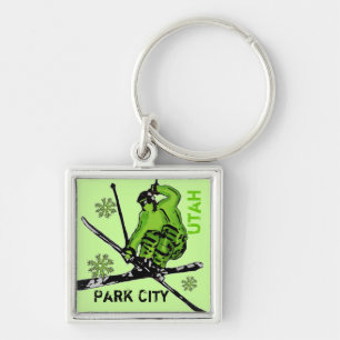 Park City Utah green theme skier keychain