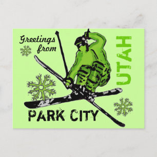 Park City Utah green theme skier postcard
