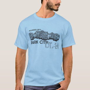 Park City Utah old town buildings guys blue tee