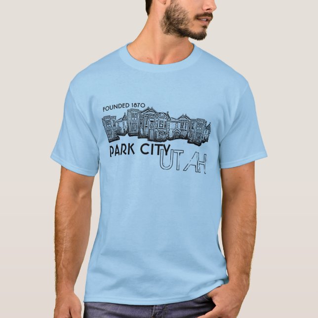 Park City Utah old town buildings guys blue tee (Front)