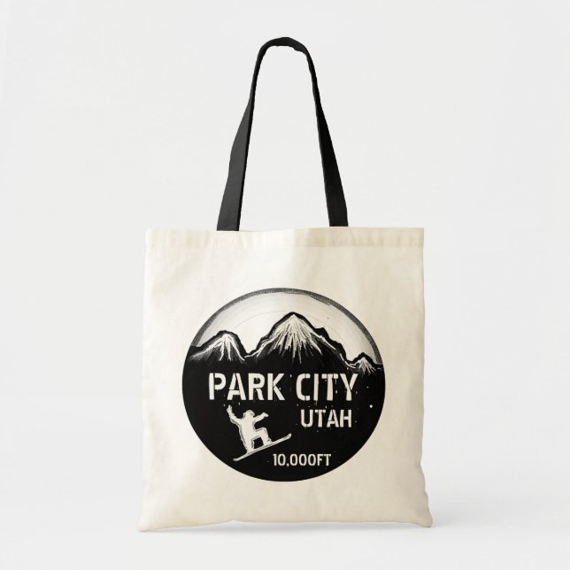Park City Utah snowboard art black reusable bag (Front)