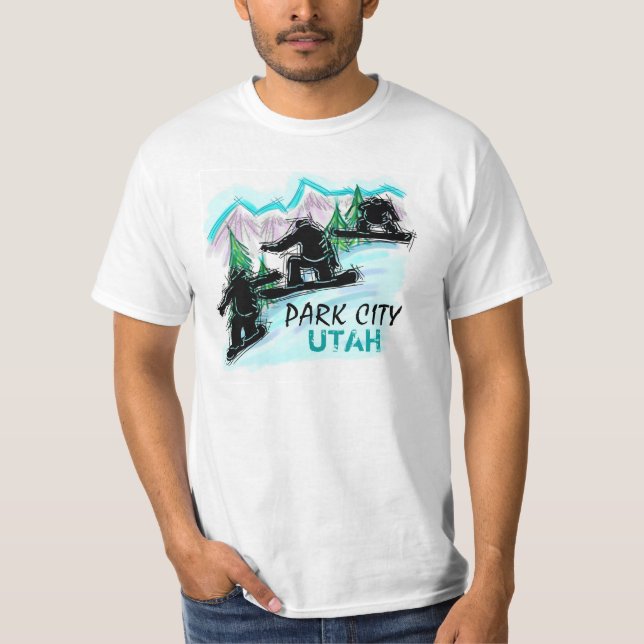 Park City Utah teal snowboarder value tee (Front)