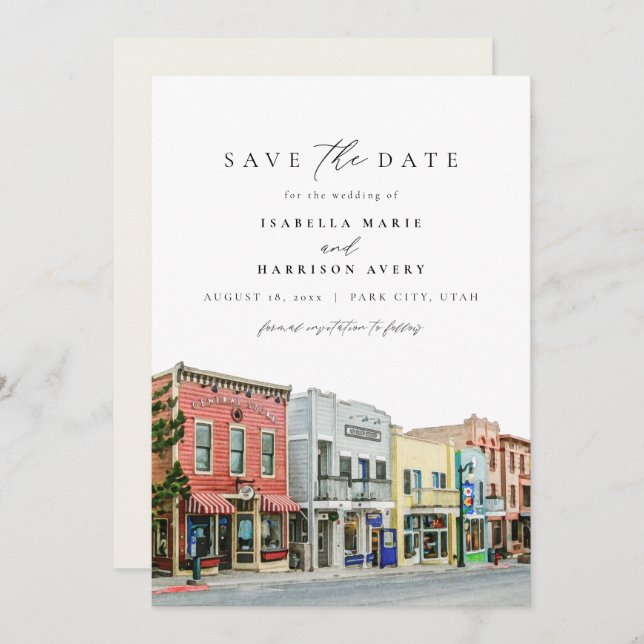 PARK CITY Utah Watercolor Mountain Save the Date Invitation (Front/Back)
