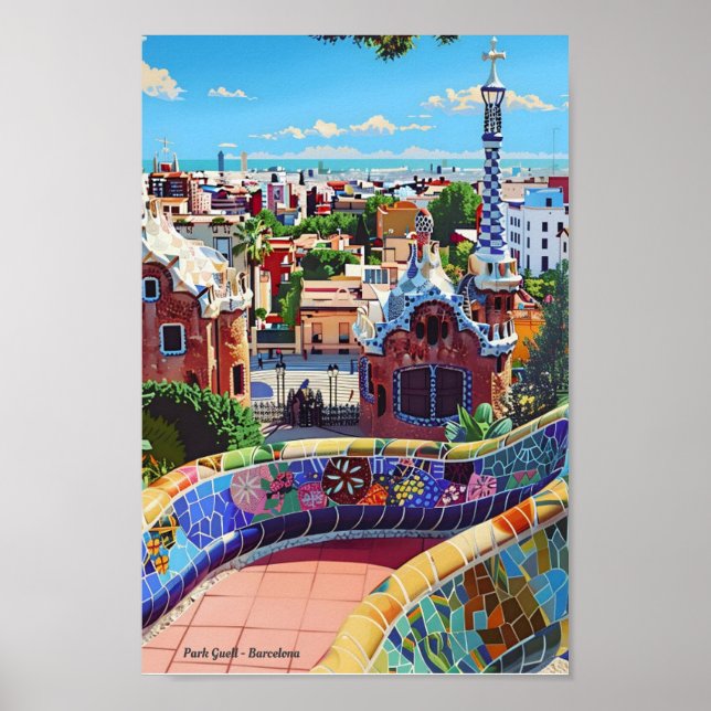 Park Guell Barcelona Spain Vintage Travel  Poster (Front)