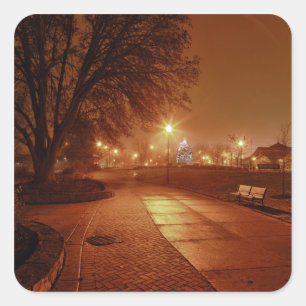 Park on a foggy night decorated for Christmas Square Sticker