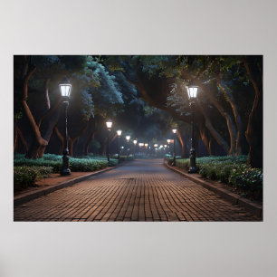Park Path by Lamplight – Serene Evening Poster