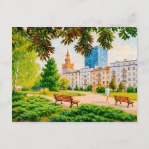 Park view with Warsaw skyline - colourful oil pain Holiday Postcard