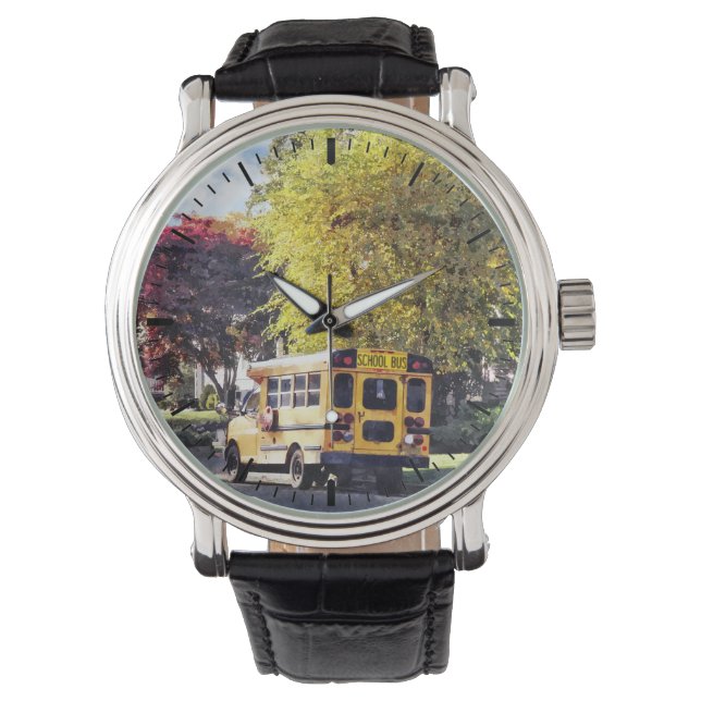 Parked School Bus In Autumn Watch (Front)