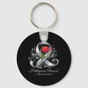 Parkinsons Disease Awareness Silver Ribbon and Red Key Ring