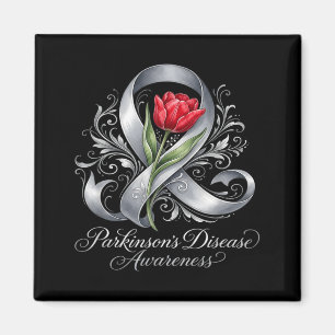 Parkinsons Disease Awareness Silver Ribbon and Red Magnet