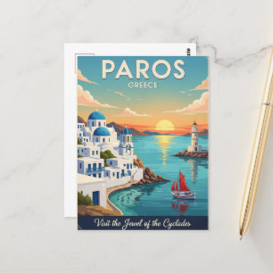Paros Greece Travel Art Vintage Postcard