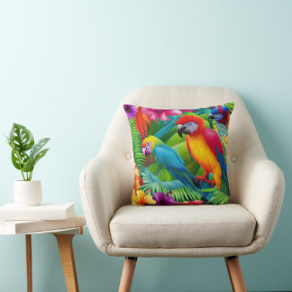 Parrot 3 Birds Tropical Floral palms blue purple Cushion