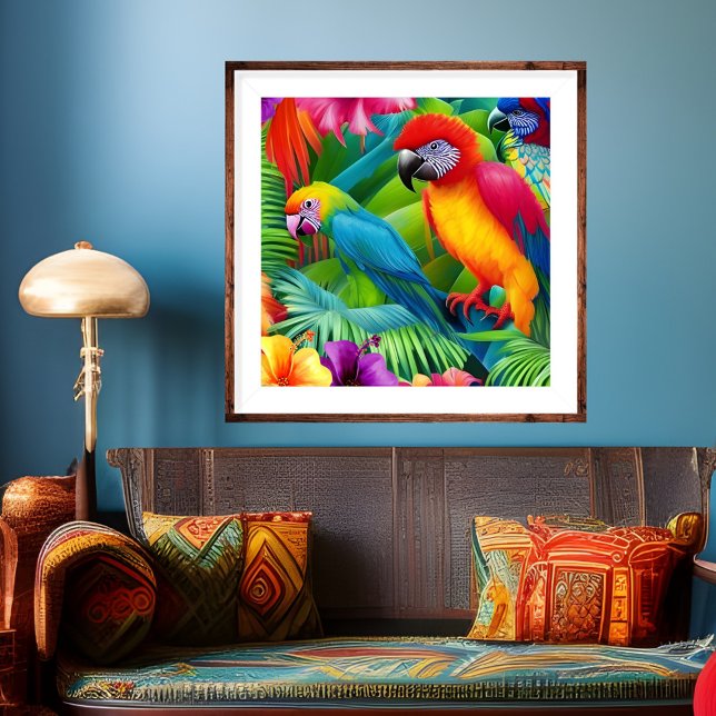 Parrot 3 Birds Tropical Floral palms blue purple Poster (Creator Uploaded)