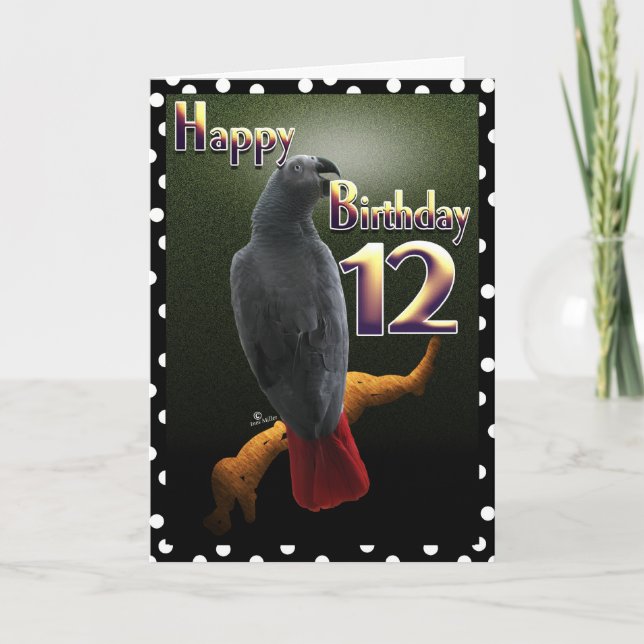 Parrot African Gray /grey Happy 12 Birthday Avian Card (Front)