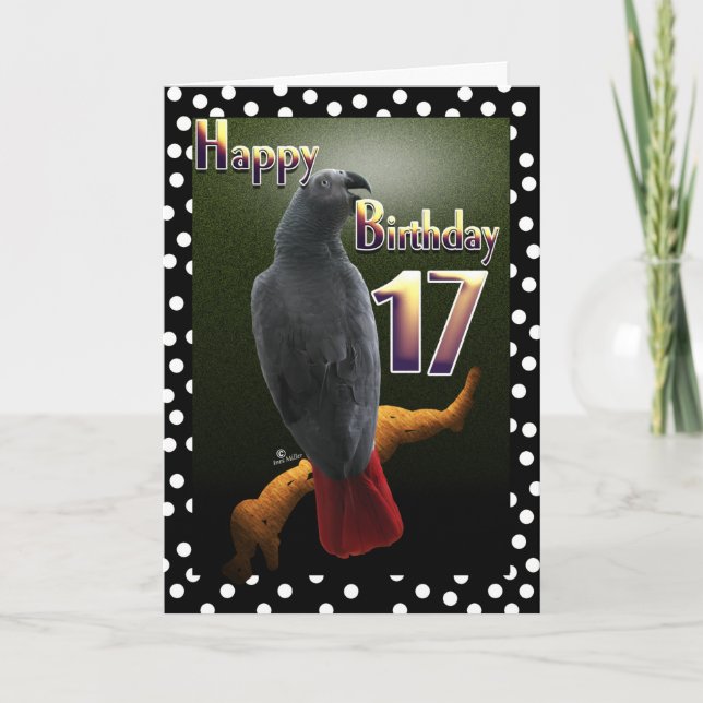 Parrot African Grey bird polka dot 17 Birthday Card (Front)