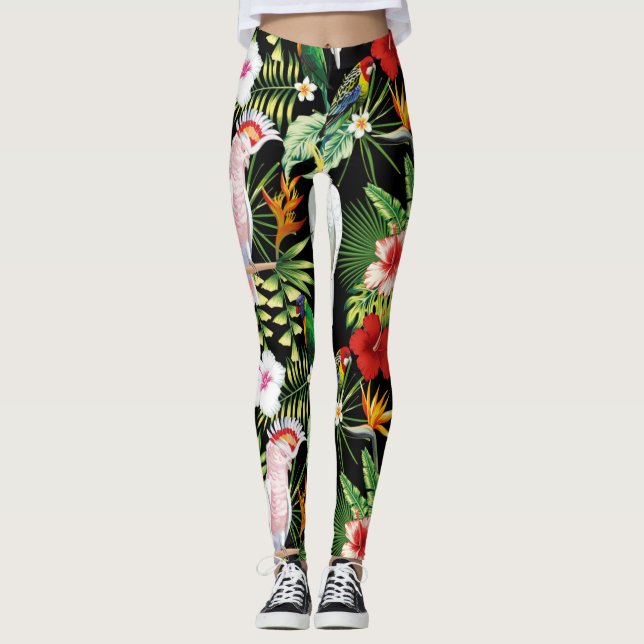 Parrot And Macaw with Tropical Plants Pattern Leggings (Front)