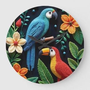 Parrot And Toucan in a Beaded Forest Large Clock