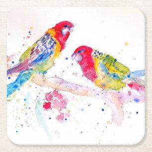 Parrot art Watercolour Painting Aqua Teal Square Paper Coaster