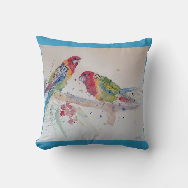 Parrot art Watercolour Painting Cushion Aqua Teal (Front)