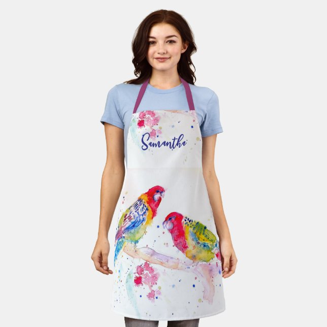 Parrot art Watercolour Painting Red Blue Colourful Apron (Worn)