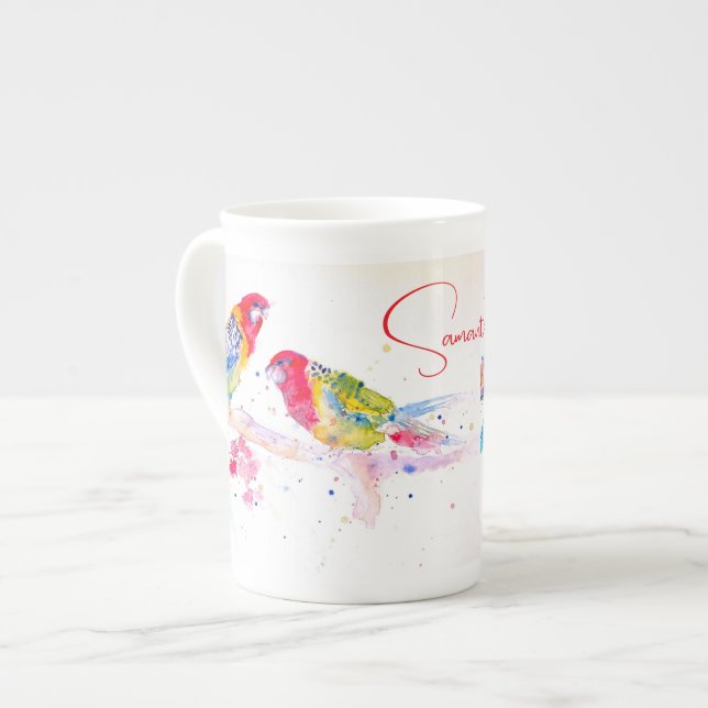Parrot art Watercolour Painting Red Blue Colourful Bone China Mug (Front Left)