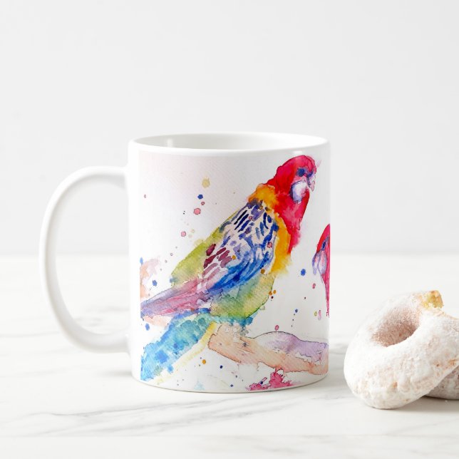 Parrot art Watercolour Painting Red Blue Colourful Coffee Mug (With Donut)