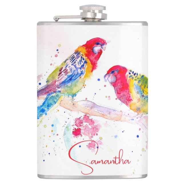 Parrot art Watercolour Painting Red Blue Colourful Hip Flask (Front)