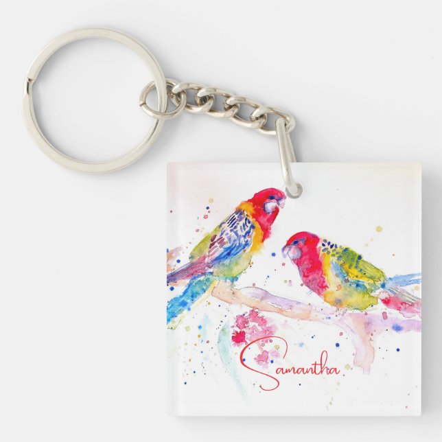 Parrot art Watercolour Painting Red Blue Colourful Key Ring (Front)