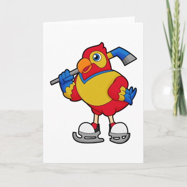 Parrot at Ice hockey with Ice hockey stick Card (Front)