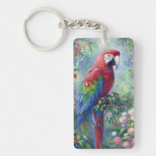 Parrot Bird Jungle Floral Impressionism Painting Key Ring