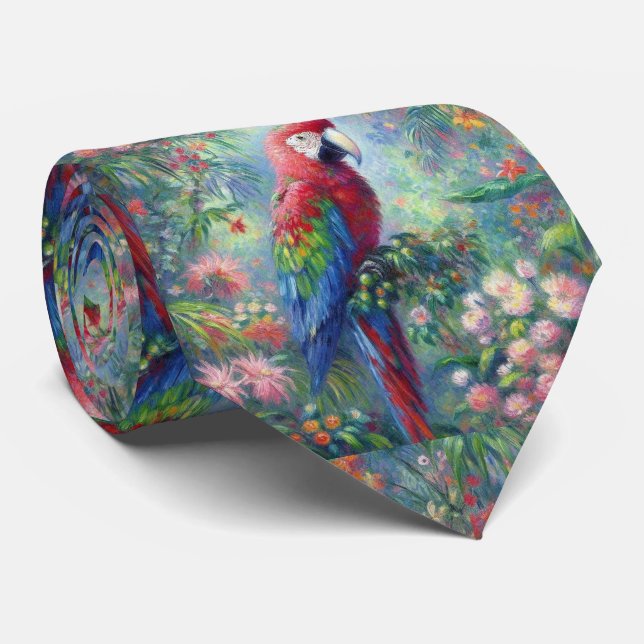 Parrot Bird Jungle Floral Impressionism Painting Tie (Rolled)