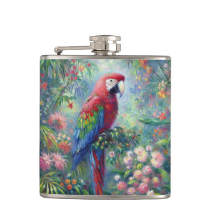 Parrot Bird Jungle Floral Red Blue Green Flowers Hip Flask