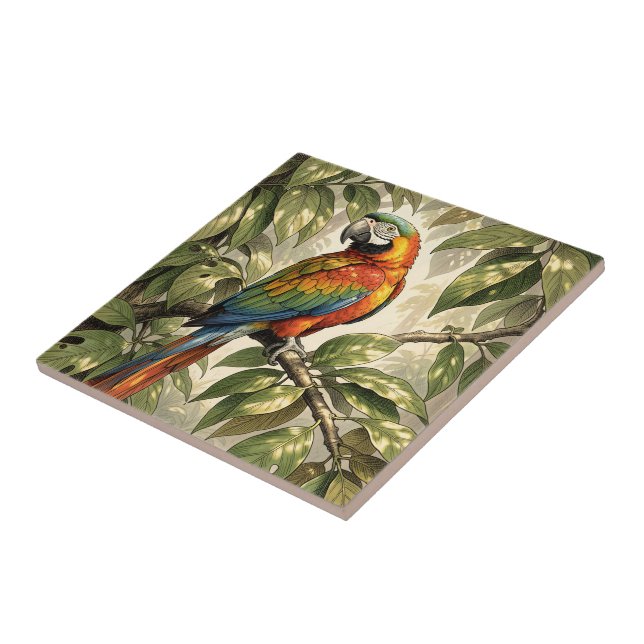 Parrot bird on tree drawing ceramic tile (Side)