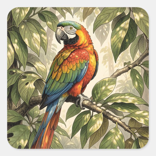 Parrot bird on tree drawing square sticker (Front)