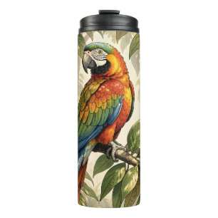 Parrot bird on tree drawing thermal tumbler