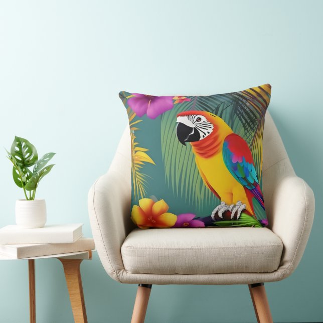Parrot Bird Tropical Floral palms blue purple red  Cushion (Chair)
