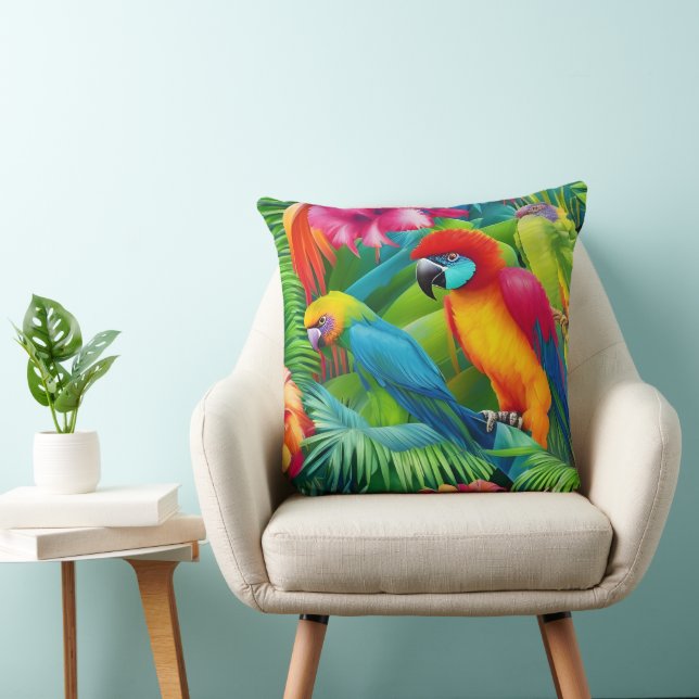 Parrot Birds Tropical Floral palms blue green  Cushion (Chair)