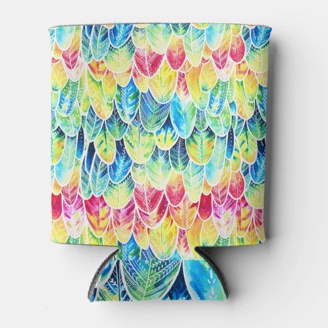 Parrot Feathers: Colourful Watercolor Pattern. Can Cooler (Front)