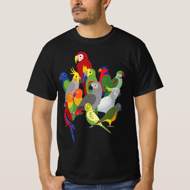 Parrot Flock - Macaw, Cockatoo, African Grey, & Bu T-Shirt (Front)
