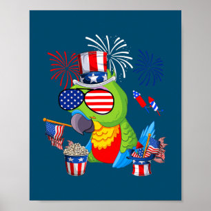 Parrot Holding American Flag Sunglasses Happy 4th Poster