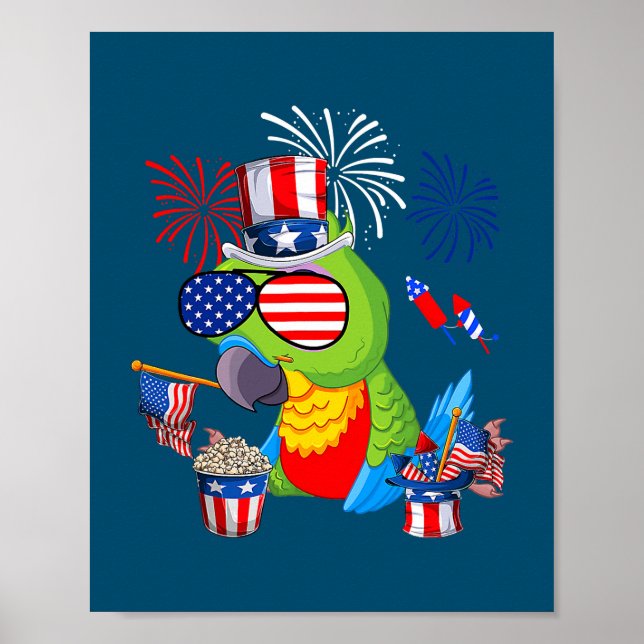 Parrot Holding American Flag Sunglasses Happy 4th Poster (Front)