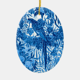 Parrot in a Jungle Setting, Indigo Blue and White  Ceramic Ornament