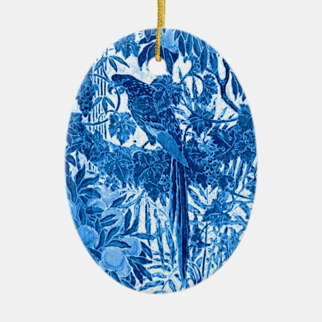 Parrot in a Jungle Setting, Indigo Blue and White  Ceramic Ornament (Front)