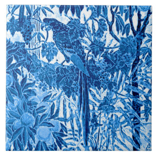 Parrot in a Jungle Setting, Indigo Blue and White Ceramic Tile