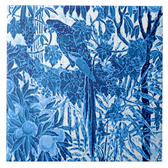 Parrot in a Jungle Setting, Indigo Blue and White Ceramic Tile (Front)