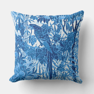 Parrot in a Jungle Setting, Indigo Blue and White Cushion