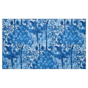 Parrot in a Jungle Setting, Indigo Blue and White Fabric