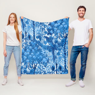 Parrot in a Jungle Setting, Indigo Blue and White Fleece Blanket
