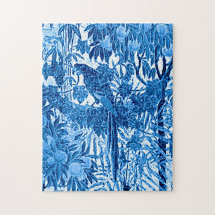 Parrot in a Jungle Setting, Indigo Blue and White Jigsaw Puzzle