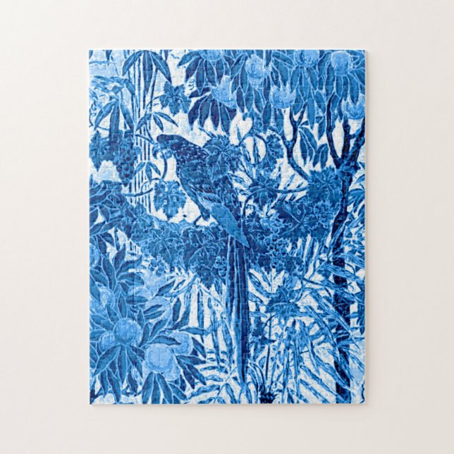 Parrot in a Jungle Setting, Indigo Blue and White Jigsaw Puzzle (Vertical)